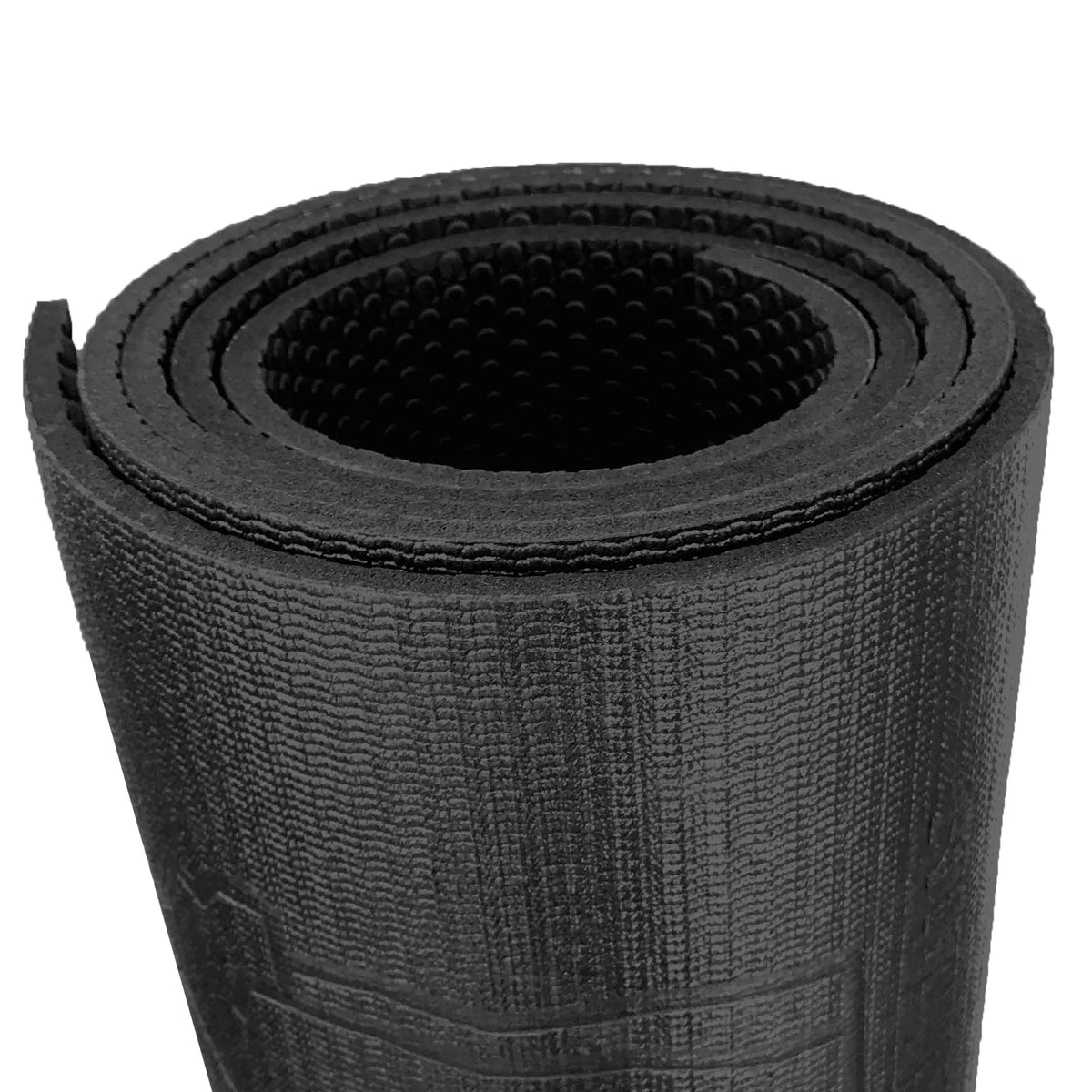 Close-up of the rolled edge of a black mat showing its thickness